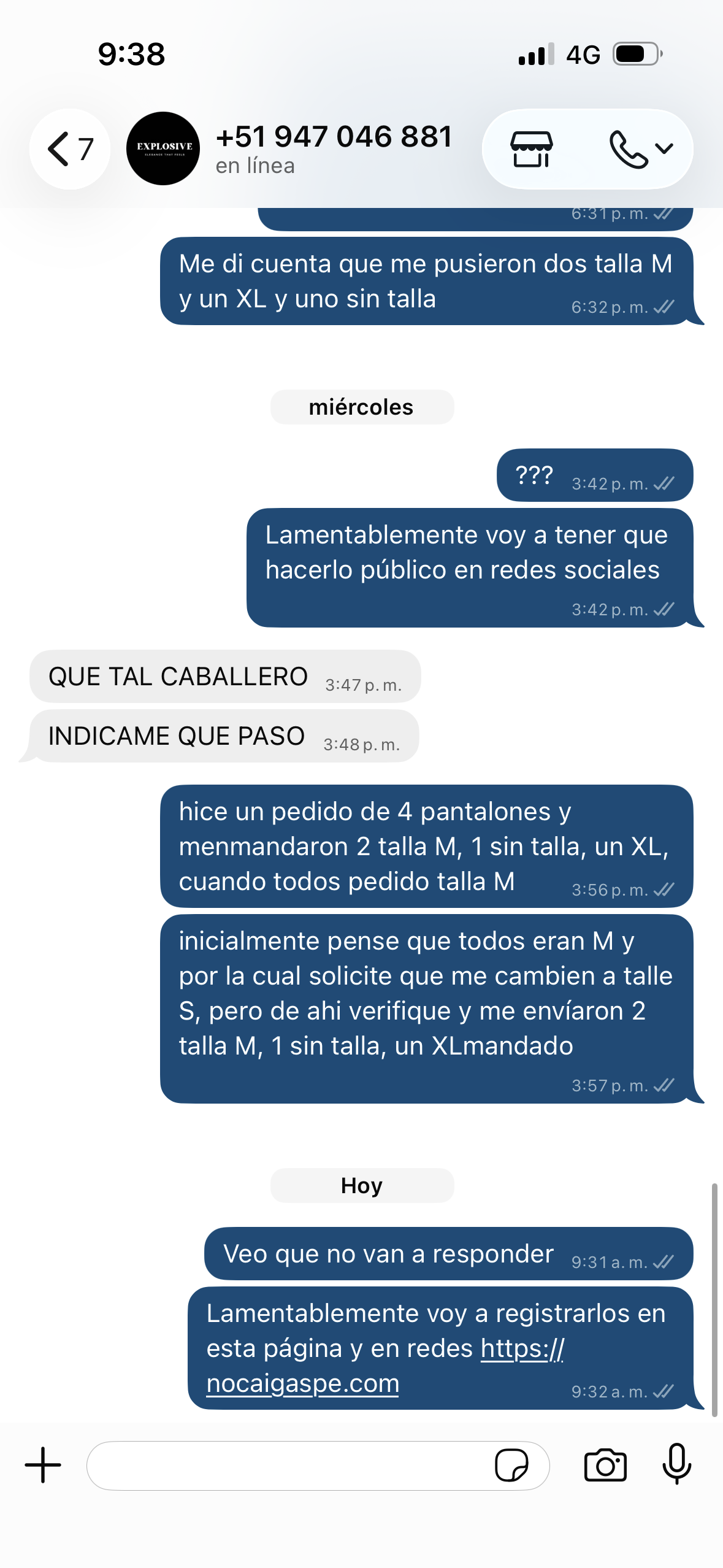Evidencia de la denuncia contra Explosive Perú
